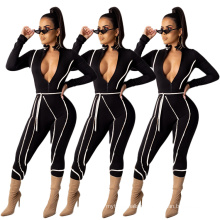 C3706 2019 Women fashion sexy long sleeve V neck jumpsuit stretchy jumpsuit women stripe solid color patchwork bodycon jumpsuit